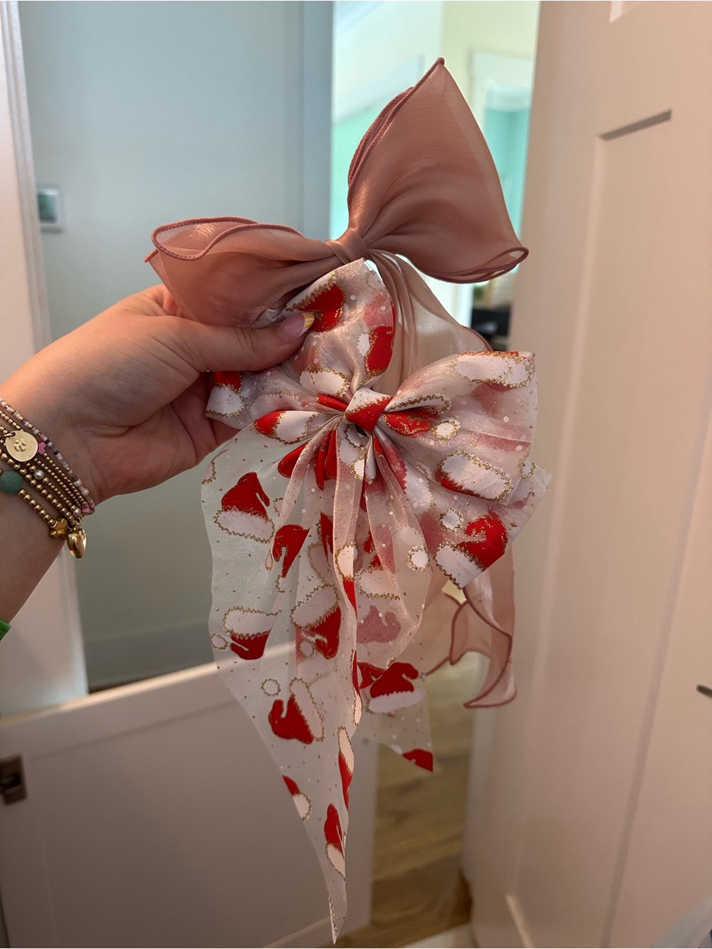 Sheer Pink & Red Santa hat Bow Hair Clip- set of 2